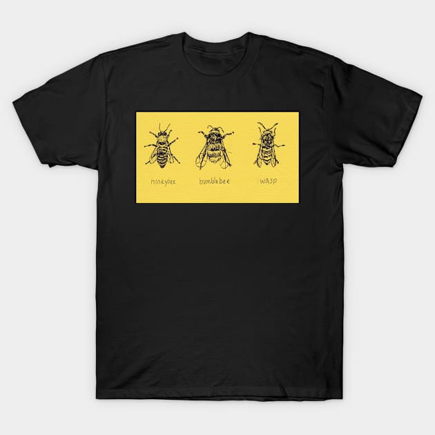 Get To Know Your Stripy Friends! Trio of honeybee, bumblebee, and wasp drawing. T-Shirt by sadnettles